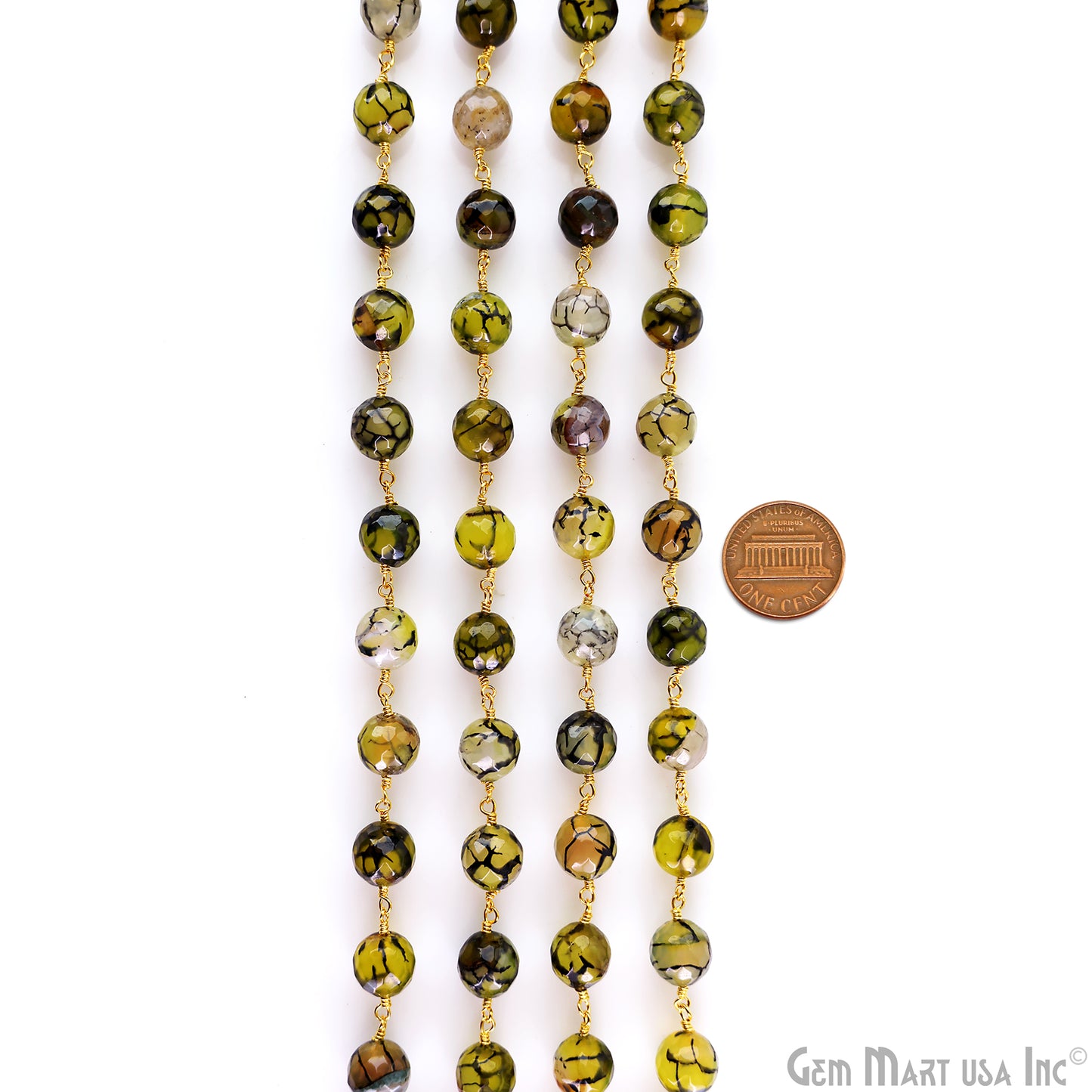 Yellow Green Dragon Agate Faceted Beads 10mm Gold Wire Wrapped Rosary Chain