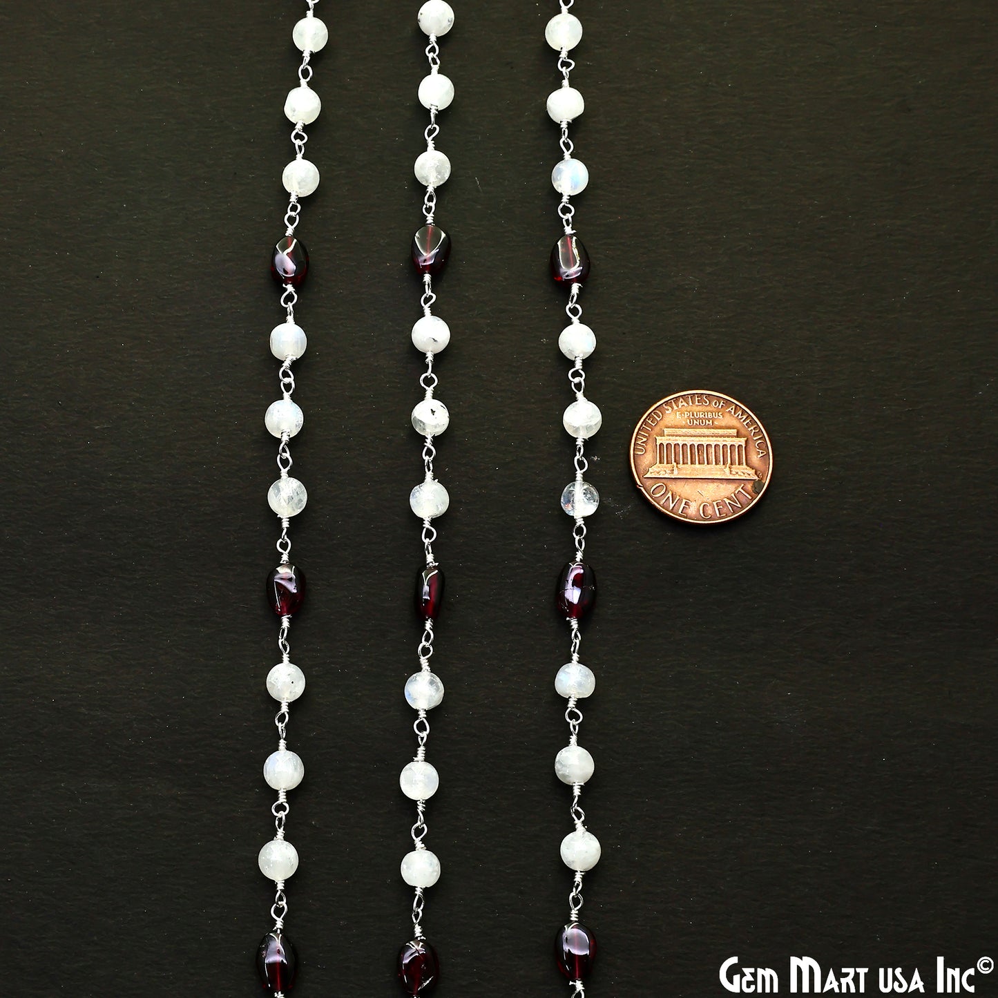 Rainbow Moonstone Round Cabochon & Garnet Tumble Beads Silver Wire Wrapped Rosary Chain