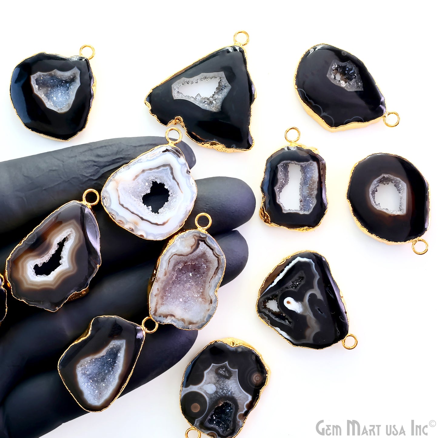 Black Agate Geode Druzy 1-2 Inch Single Bail Gold Electroplated Gemstone Connector