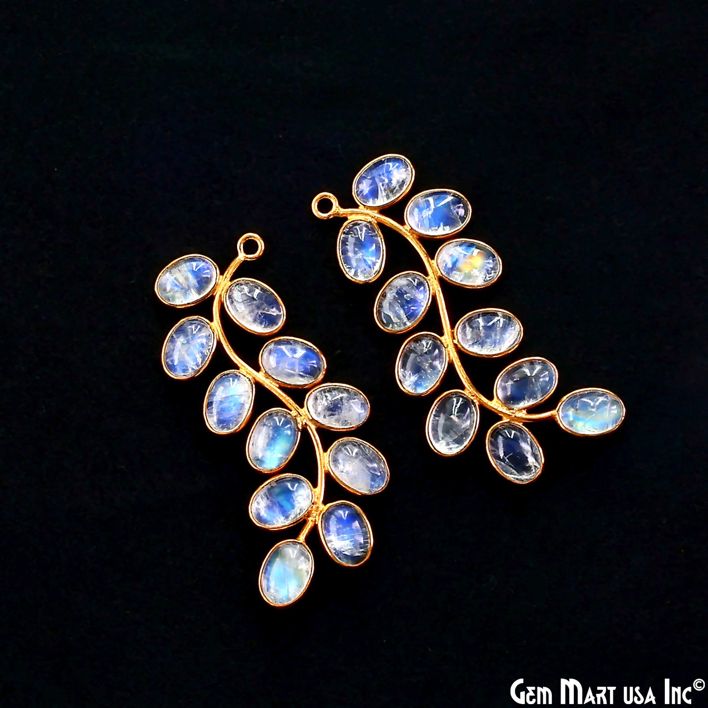 Rainbow Moonstone Gold Plated 44x16mm Leaf Dangle Finding Component