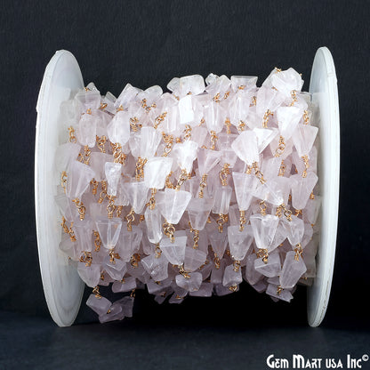 Rose Quartz 12x8mm Smooth Tumble Gold Wire Wrap Bead Rosary Chain