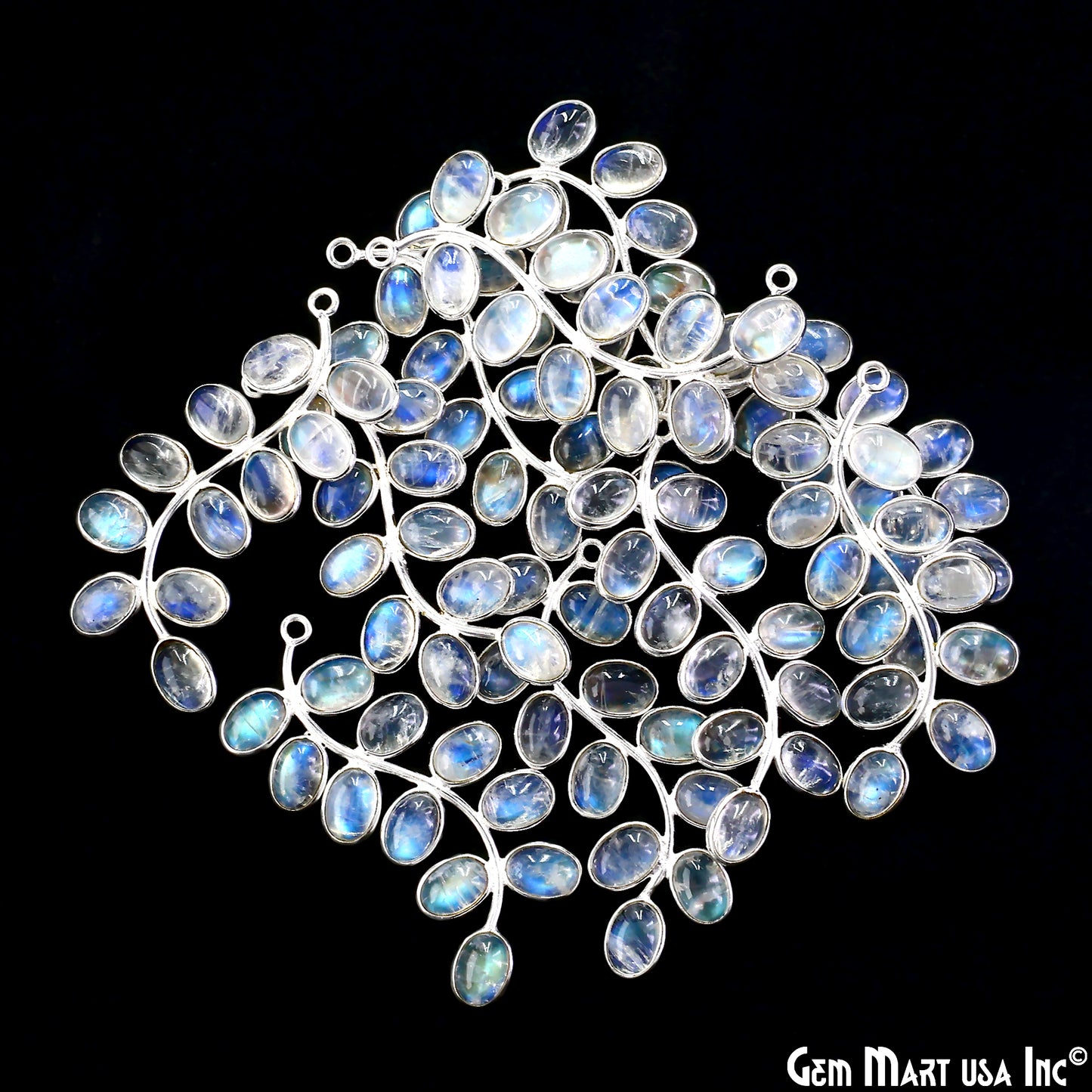 Rainbow Moonstone Silver Plated 44x16mm Leaf Dangle Finding Component