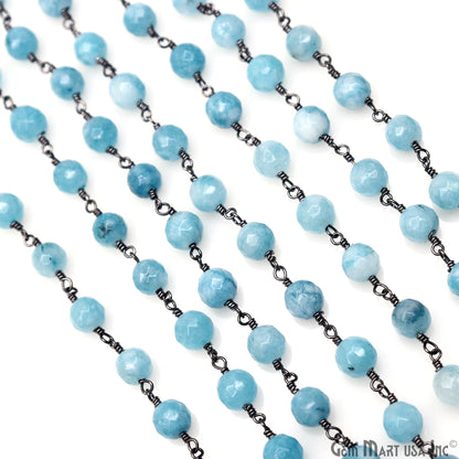 Shaded Blue Jade Faceted Beads 6mm Oxidized Gemstone Rosary Chain