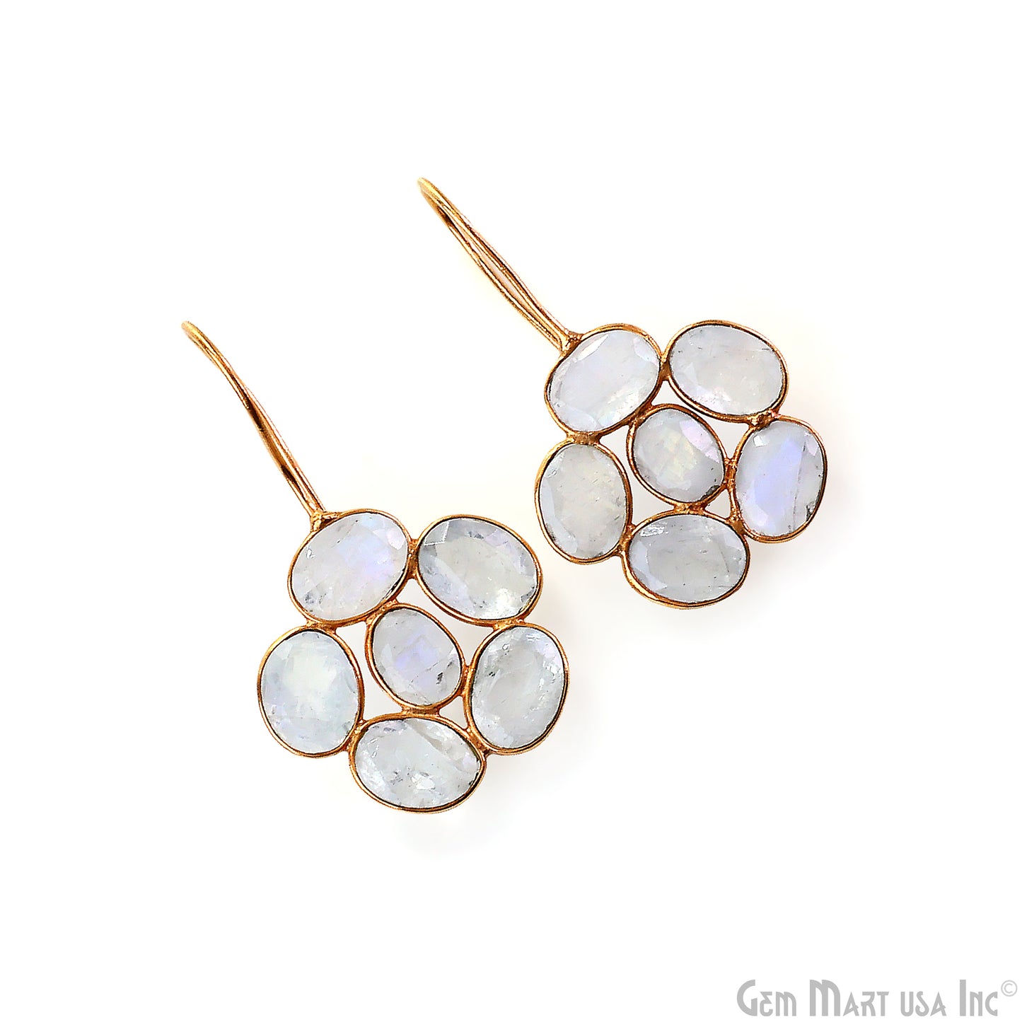 Rainbow Moonstone Drop Earrings 35x21mm Oval Cluster, Gold Plated Dangle Jewelry