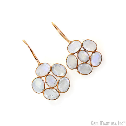 Rainbow Moonstone Drop Earrings 35x21mm Oval Cluster, Gold Plated Dangle Jewelry