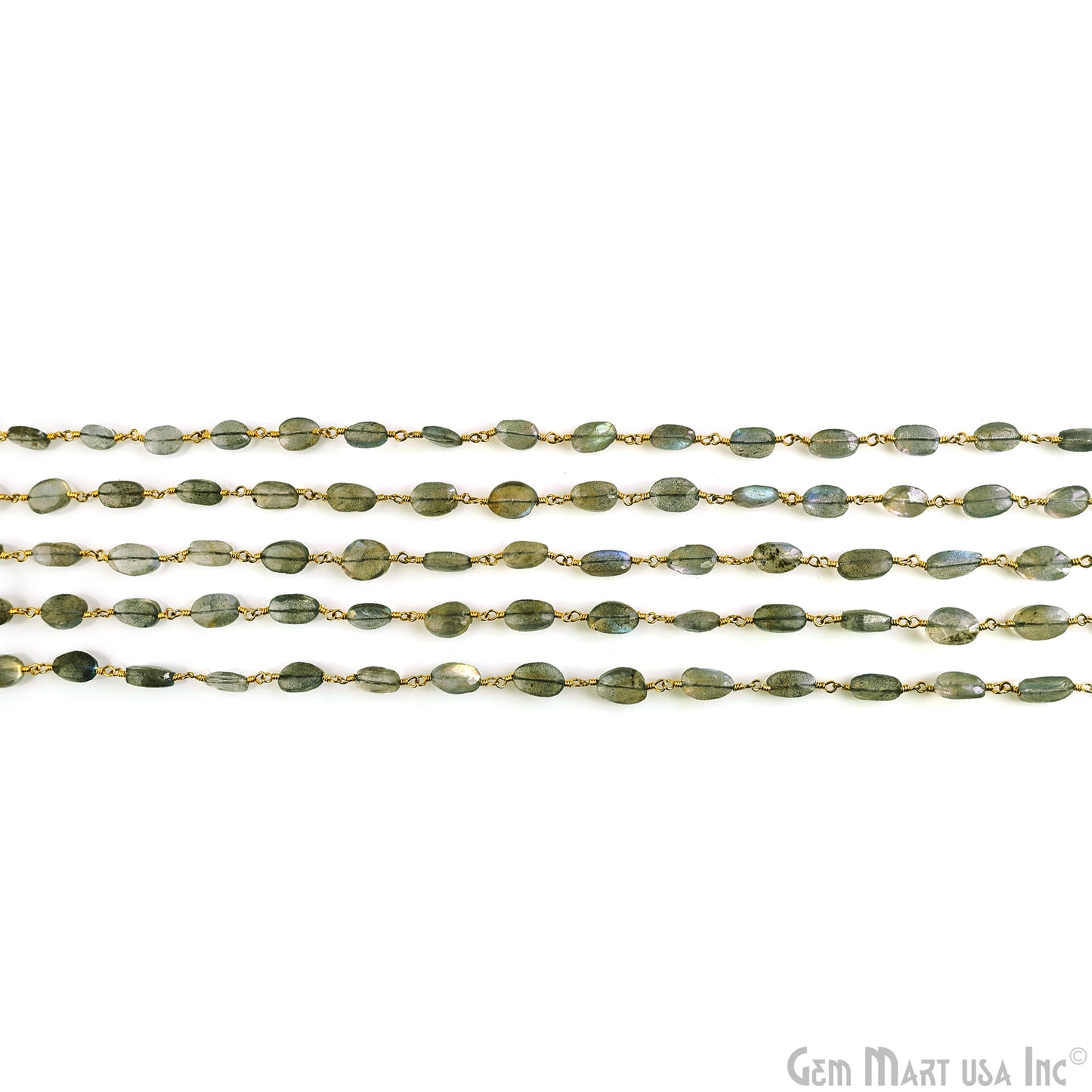 Labradorite 10x8mm Free Form Gold Plated Wire Wrapped Beads Rosary Chain