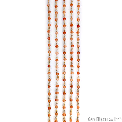 Sunstone 4mm Round Faceted Beads Gold Wire Wrapped Rosary