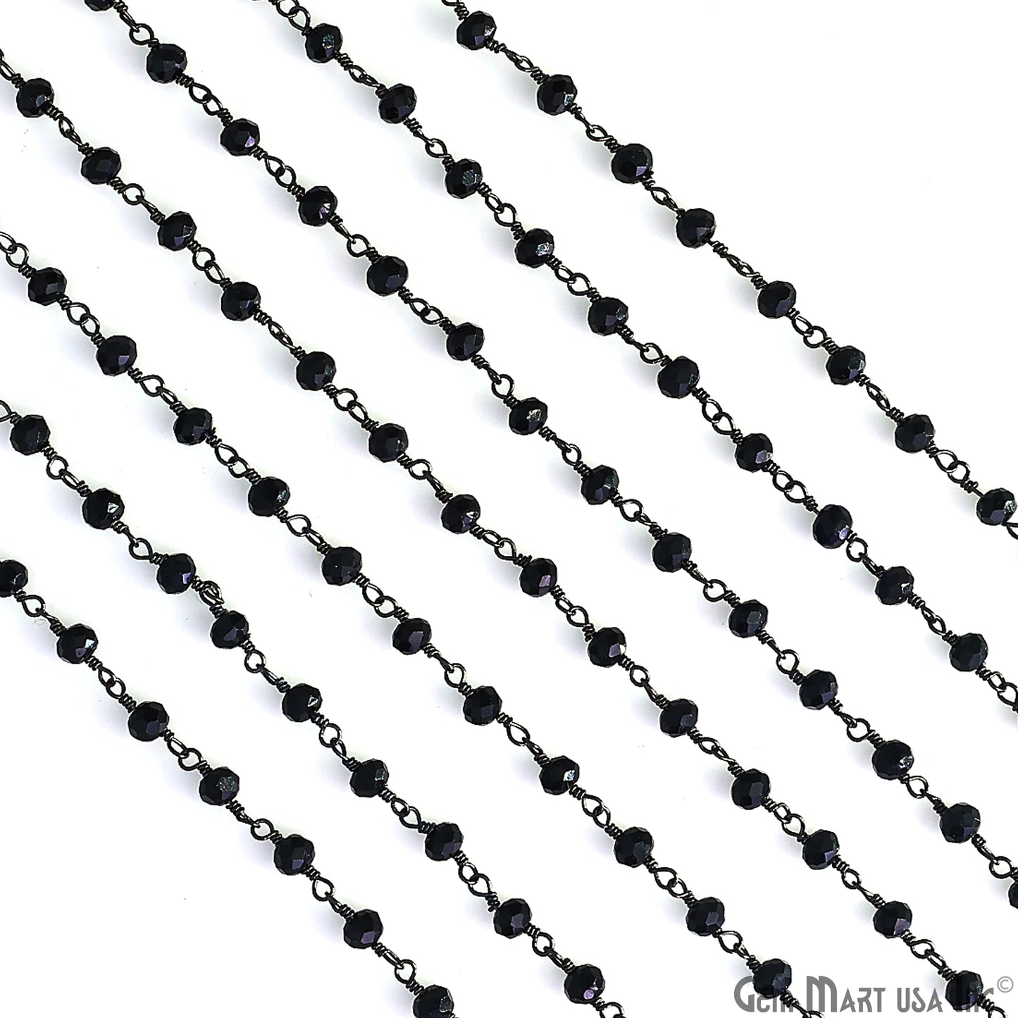 Black Chalcedony 3-3.5mm Faceted Beads Oxidized Wire Wrapped Rosary Chain