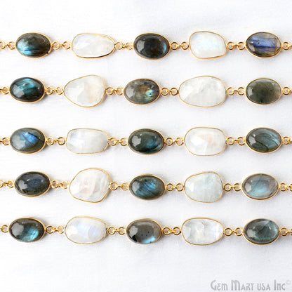Rainbow Moonstone 10-15mm Faceted & Labradorite Oval 10x14mm Cabochon Bezel Link Connector Chain