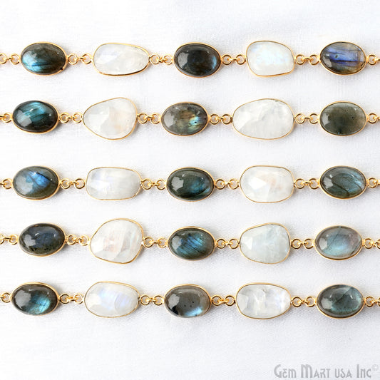 Rainbow Moonstone 10-15mm Faceted & Labradorite Oval 10x14mm Cabochon Bezel Link Connector Chain