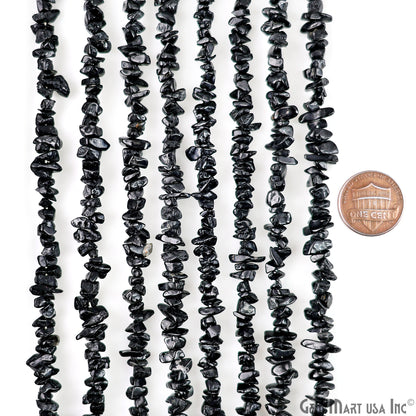Black Tourmaline Chip Beads, 34 Inch, Natural Chip Strands, Drilled Strung Nugget Beads, 3-7mm, Polished, GemmartUSA (CHKT-70001)