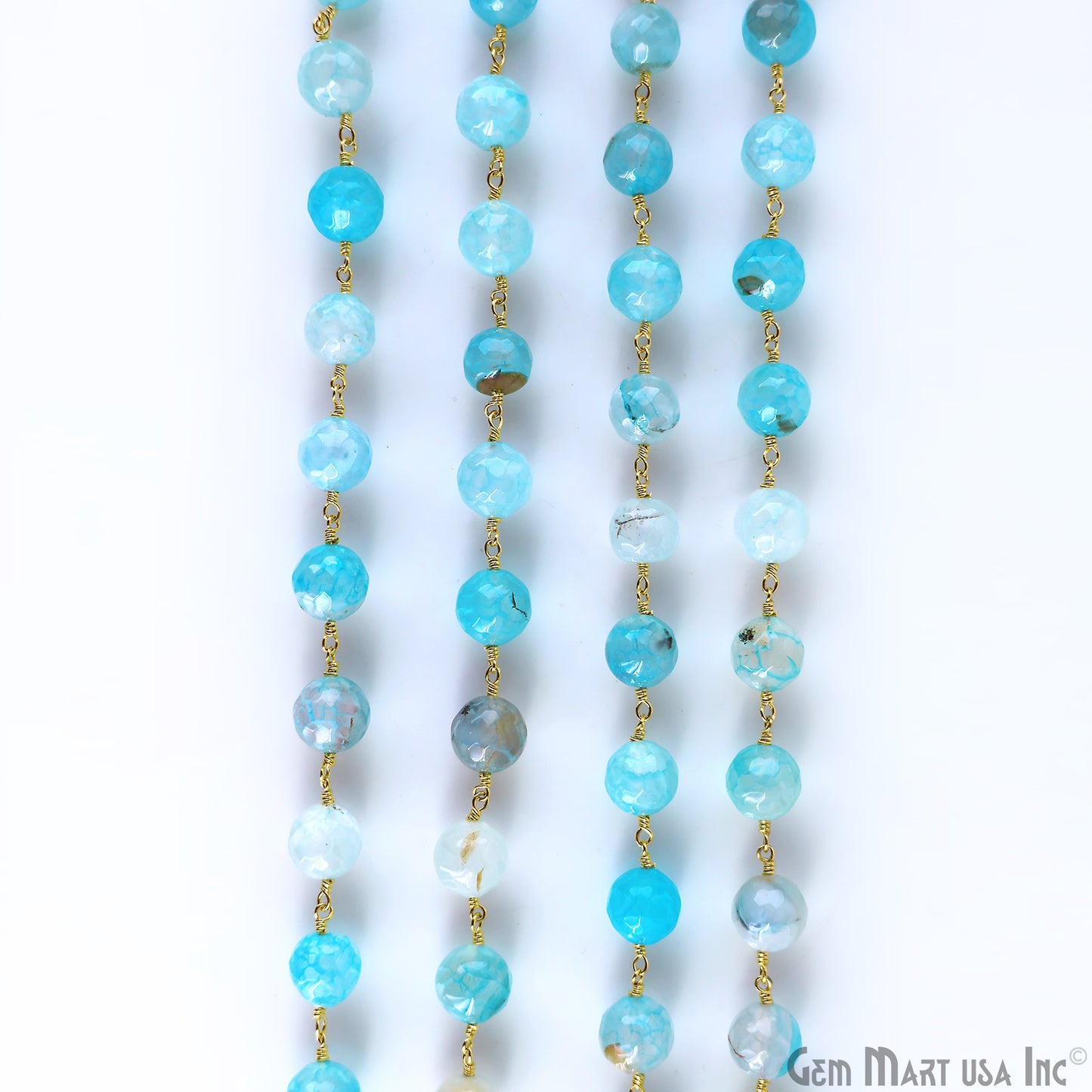 Sky Blue Banded Agate Jade Faceted Beads 10mm Gold Wire Wrapped Rosary Chain