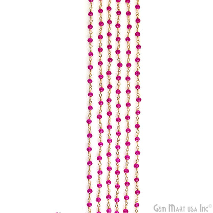 Hot Pink Jade Faceted Beads 3-3.5mm Gold Plated Wire Wrapped Rosary Chain