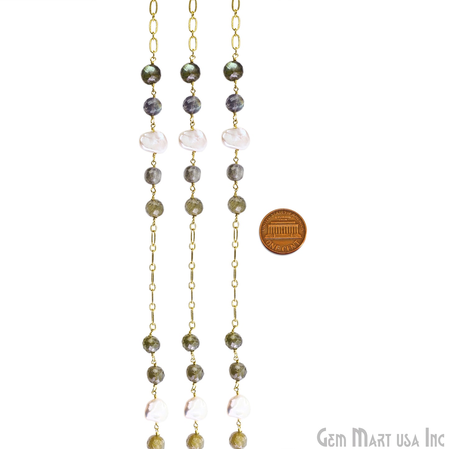 Labradorite & Pearl Round Beads Gold Plated Finding Rosary Chain