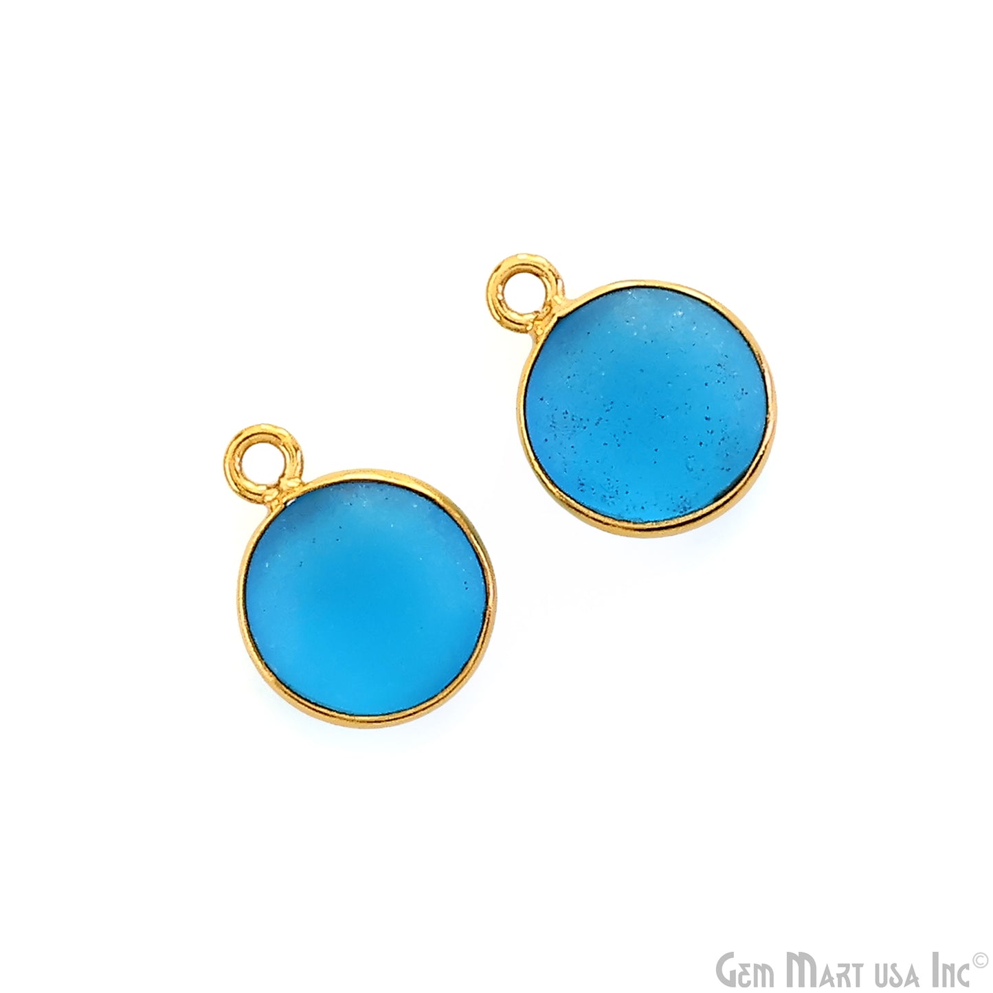 Swiss Blue Frosted Round 10mm Gold Plated Single Bail Bezel Gemstone Connector