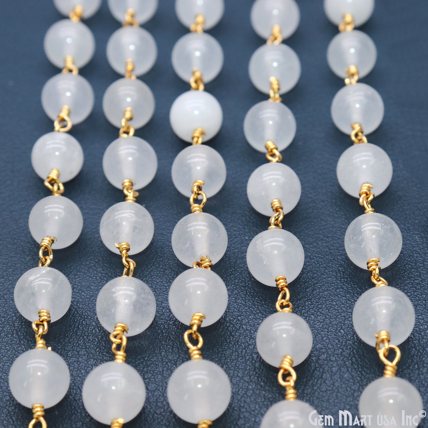 White Jade Cabochon Beads 8mm Gold Wire Wrapped Rosary Chain