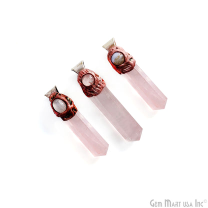 Rose Quartz with Moonstone Polymer Clay Crystal Pendant, Silver Dowsing Single Bail Pendant, Halloween Healing Gift