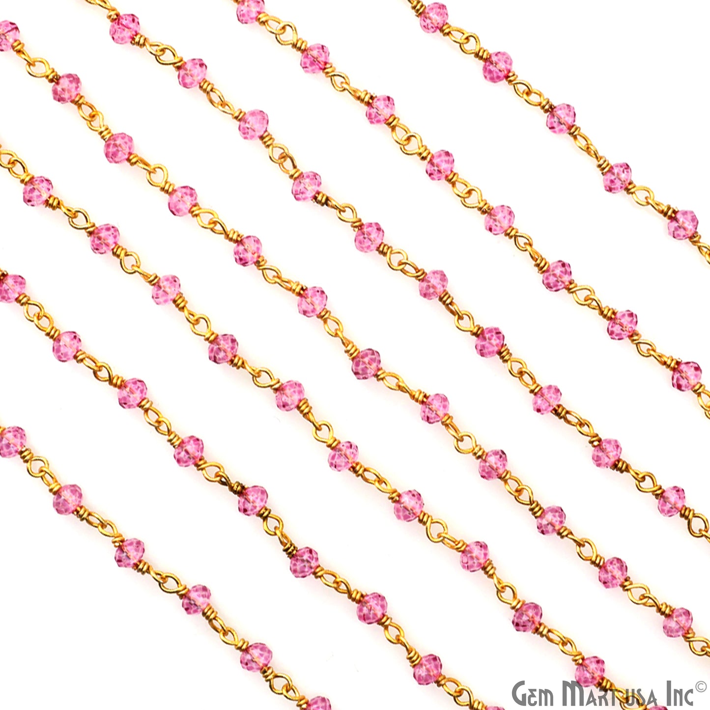 Pink Topaz 3-3.5mm Faceted Gemstone Beaded Gold Wire Wrapped Rosary Chain