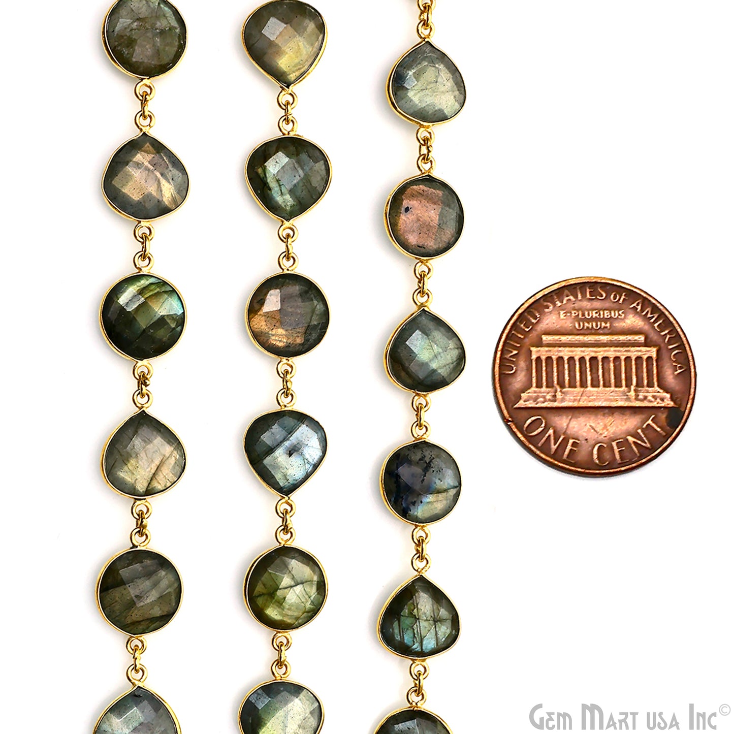 Labradorite Round & Heart 12mm Gold Plated Bezel Continuous Connector Chain