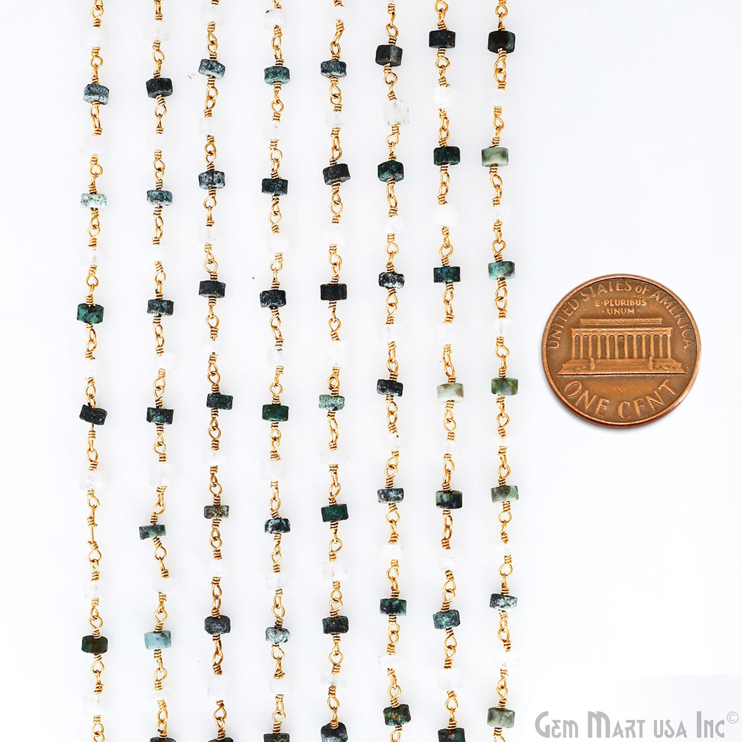 Moonstone & Chrysocolla Tyre Shape 4-5mm Beads Gold Plated Gemstone Beaded Wire Wrapped Rosary Chain