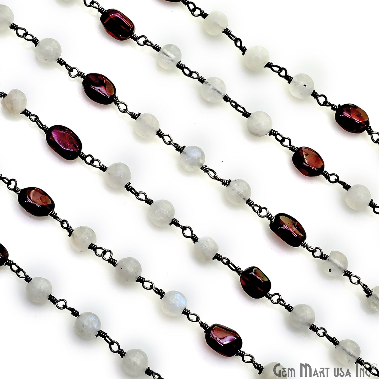 Rainbow Moonstone Round Cabochon & Garnet Tumble Beads Oxidized Wire Wrapped Rosary Chain