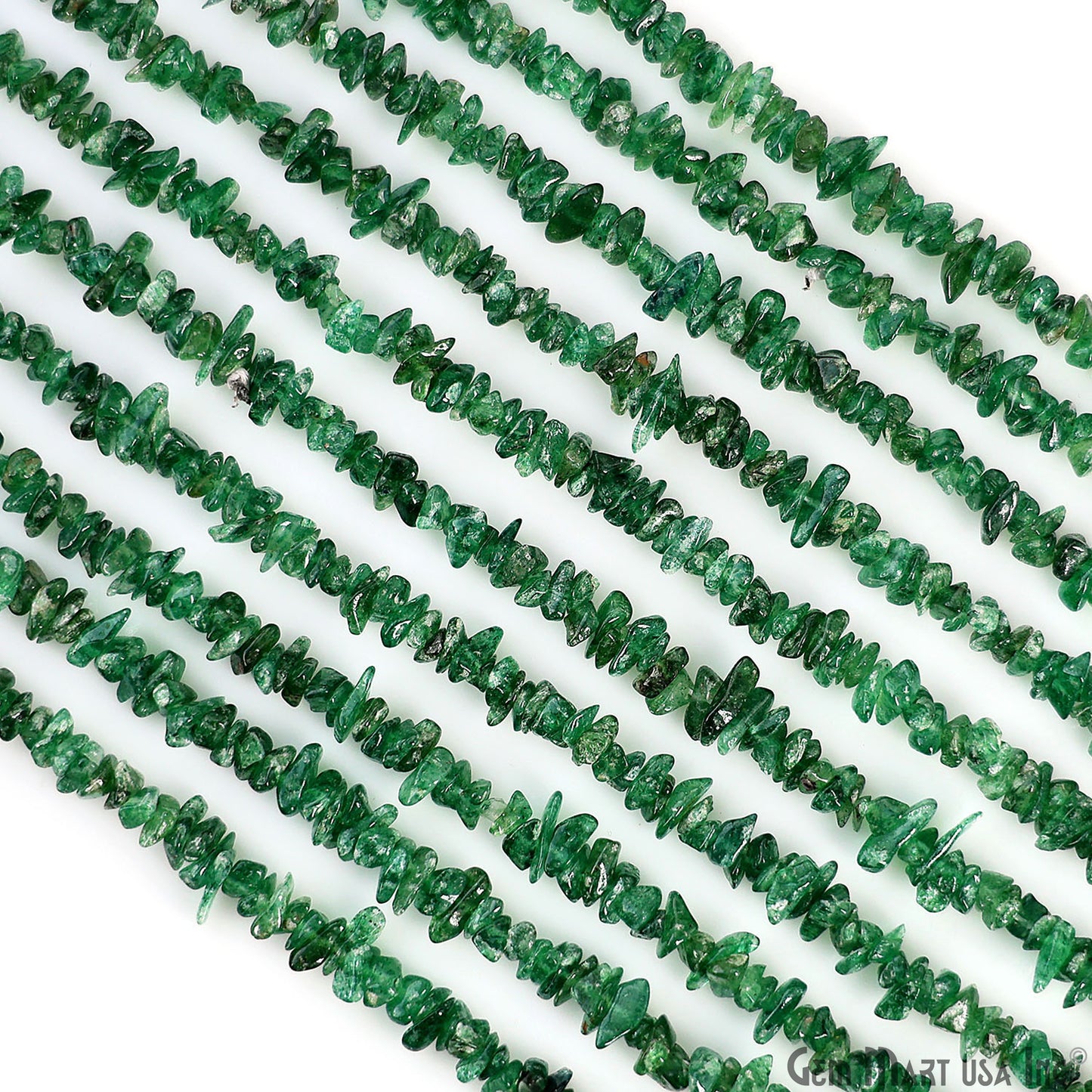 Green Aventurine Chip Beads, 34 Inch, Natural Chip Strands, Drilled Strung Nugget Beads, 3-7mm, Polished, GemmartUSA (CHAV-70001)