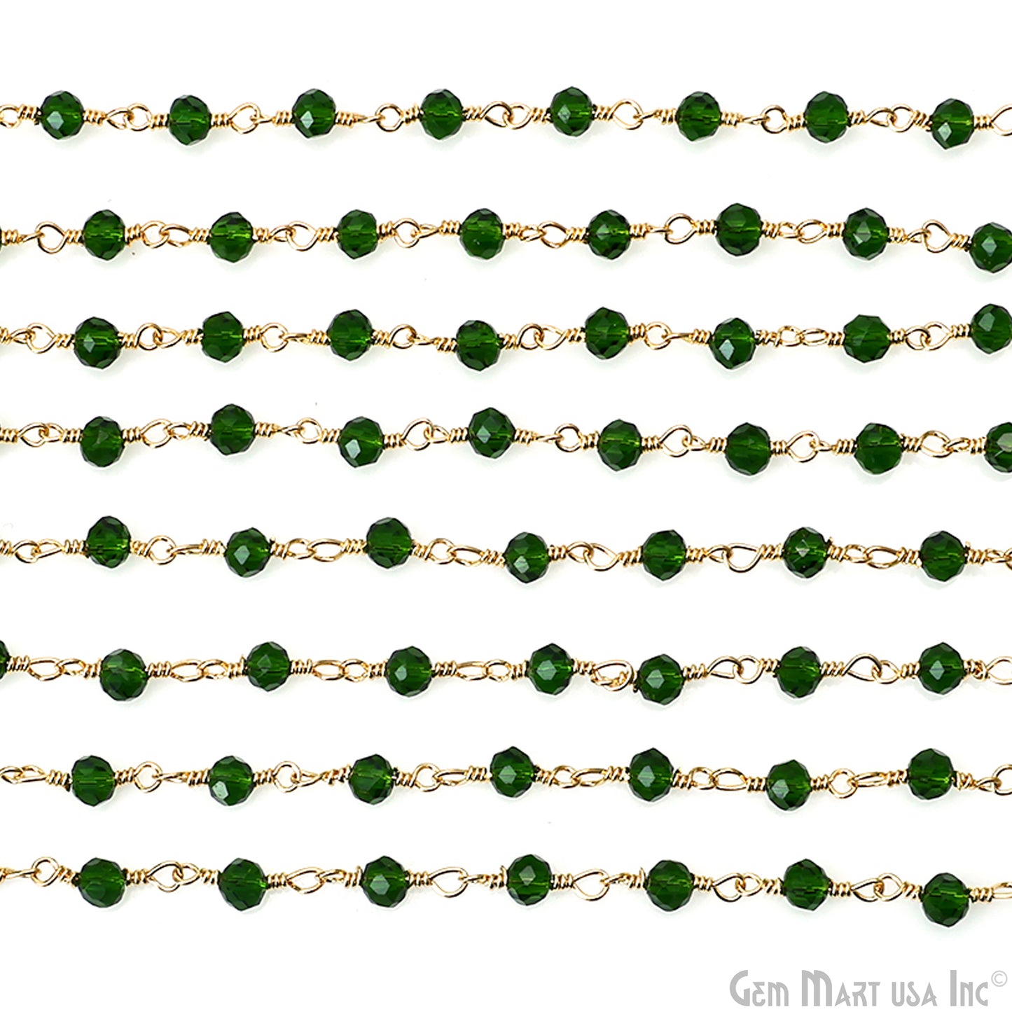 Green Zircon Faceted 3-3.5mm Gold Plated Beaded Wire Wrapped Rosary Chain