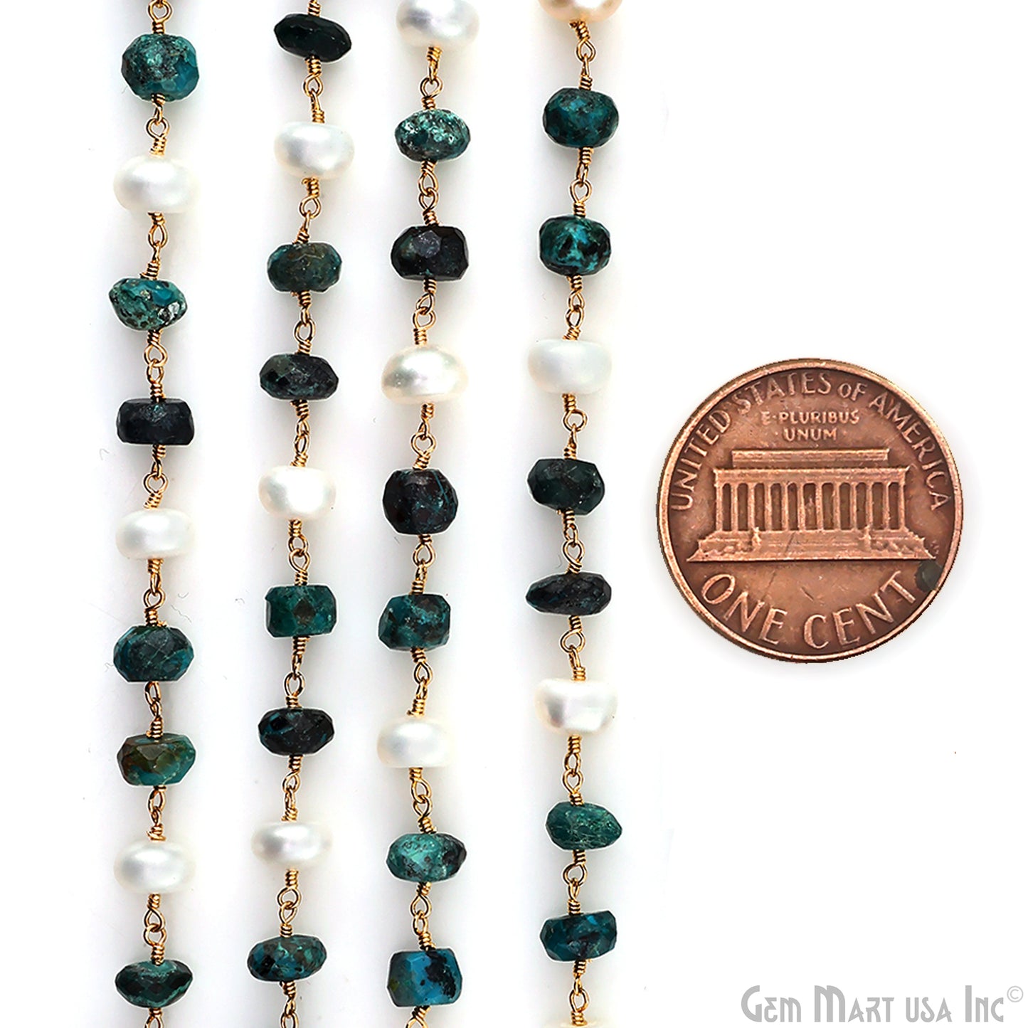 Chrysocolla & Pearl Rondelle Beads Gold Plated Wire Wrapped Rosary Chain