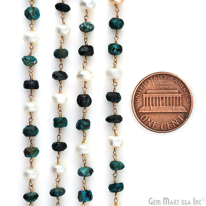 Chrysocolla & Pearl Rondelle Beads Gold Plated Wire Wrapped Rosary Chain