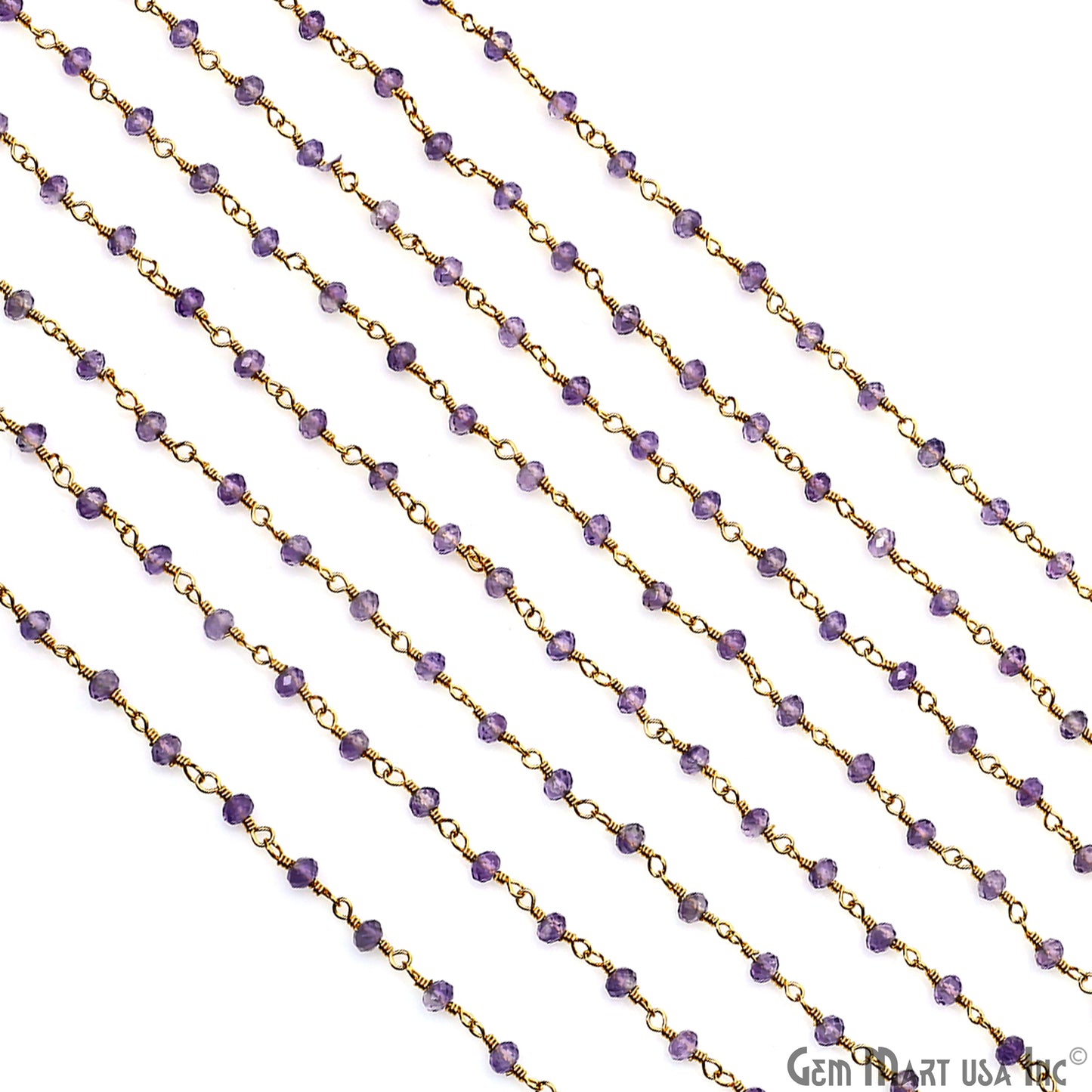 Pink Amethyst 3-3.5mm Gold Plated Beaded Wire Wrapped Rosary Chain