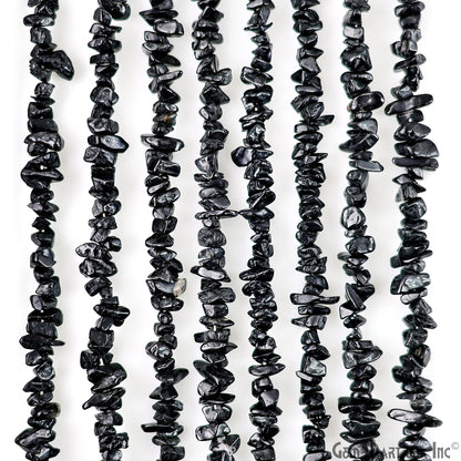 Black Tourmaline Chip Beads, 34 Inch, Natural Chip Strands, Drilled Strung Nugget Beads, 3-7mm, Polished, GemmartUSA (CHKT-70001)