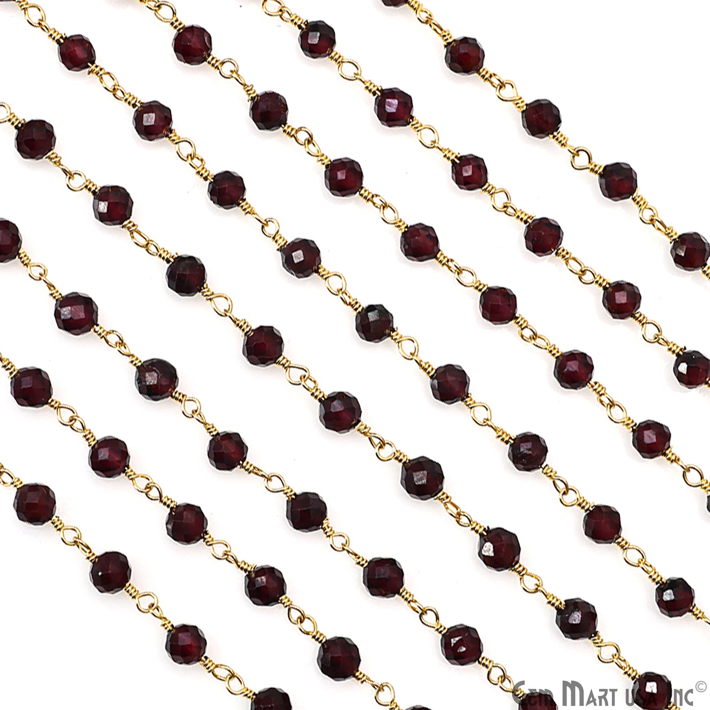 Garnet 4mm Gold Plated Beaded Wire Wrapped Rosary Chain