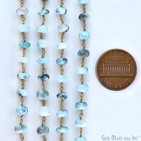 Larimar Faceted 8-9mm Gold Plated Beaded Wire Wrapped Rosary Chain