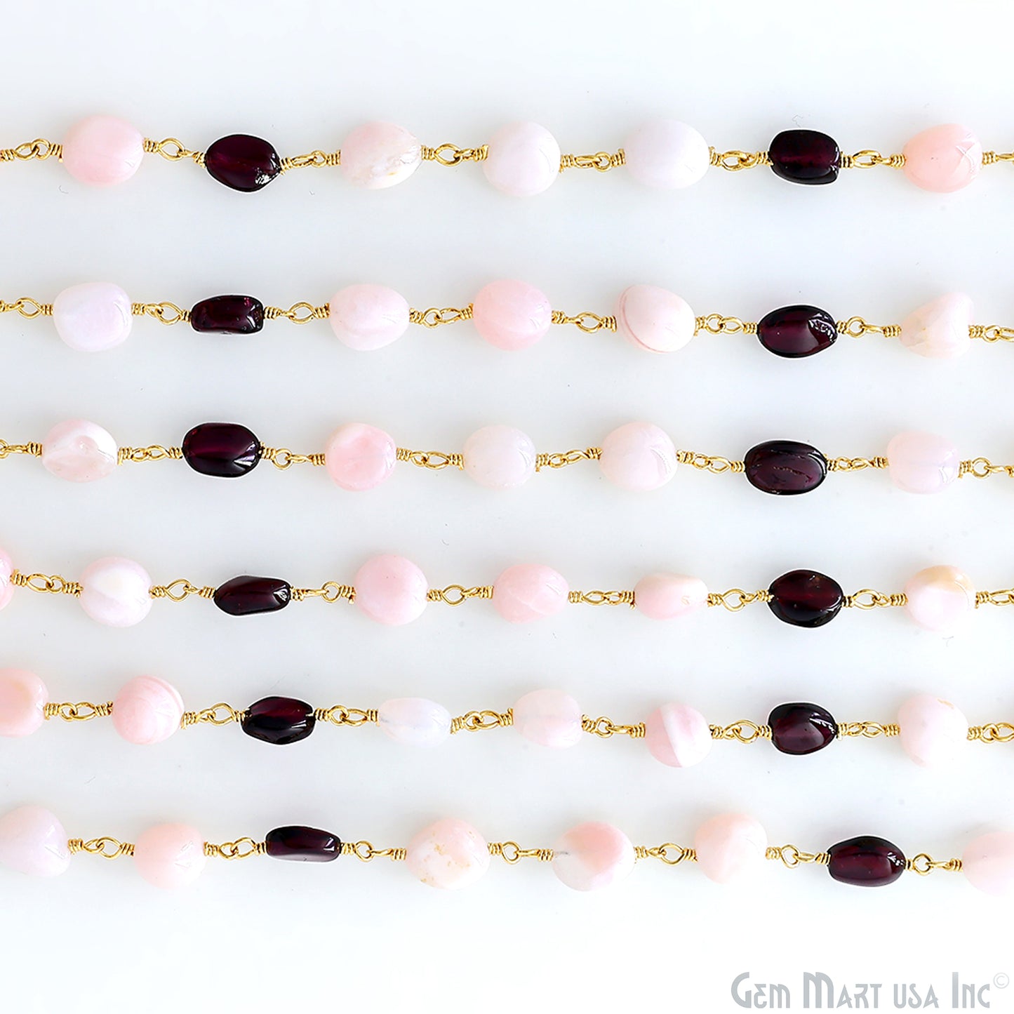 Pink Opal & Garnet Tumbled Beads 8x5mm Gold Plated Wire Wrapped Rosary Chain