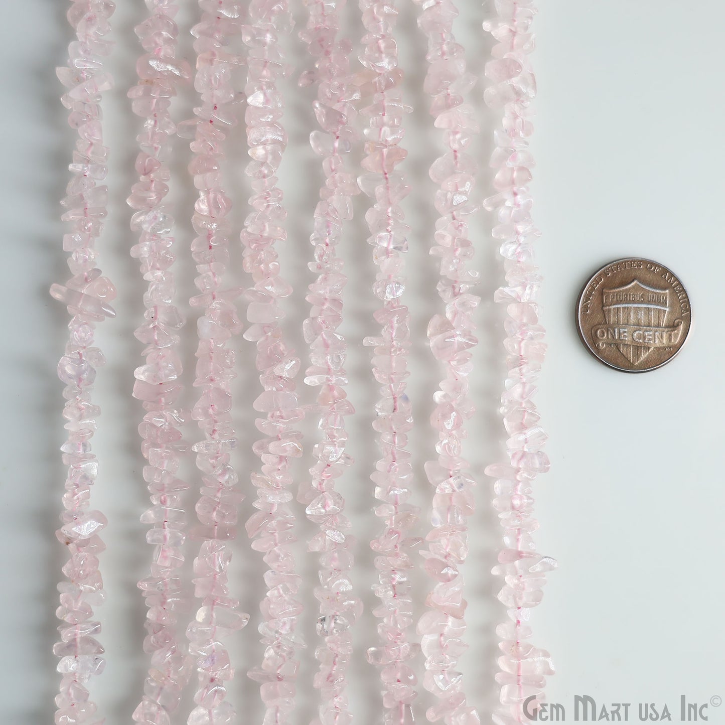 Rose Quartz Chip Beads, 34 Inch, Natural Chip Strands, Drilled Strung Nugget Beads, 3-7mm, Polished, GemMartUSA (CHRQ-70001)