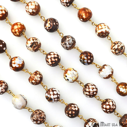 Brown Jade Faceted Beads 10mm Gold Wire Wrapped Rosary Chain