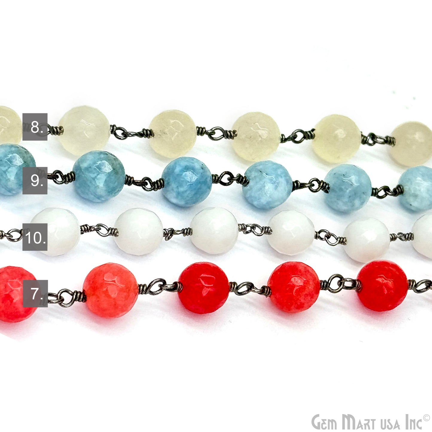 Dyed Jade Bead Faceted Crystal Round Rosary Chain Black Plating, 8mm, 1+ ft