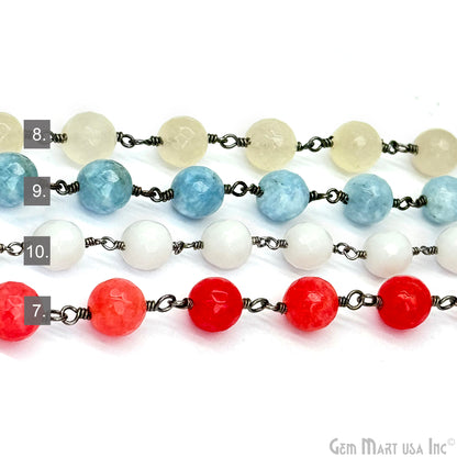 Dyed Jade Bead Faceted Crystal Round Rosary Chain Black Plating, 8mm, 1+ ft