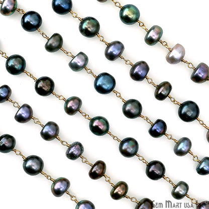 Black Pearl Cabochon Beads 8-9mm Gold Plated Gemstone Rosary Chain