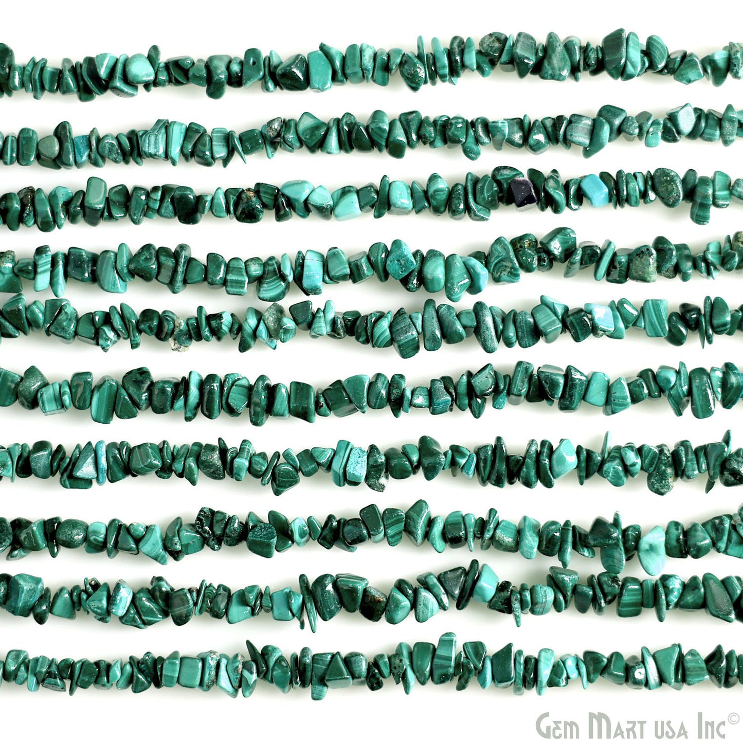 Malachite Chip Beads, 34 Inch, Natural Chip Strands, Drilled Strung Nugget Beads, 3-7mm, Polished, GemmartUSA (CHMC-70001)