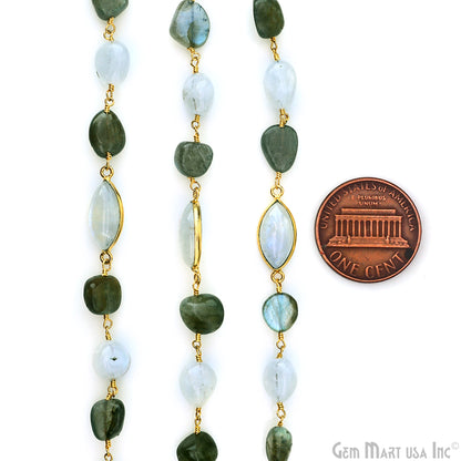 Labradorite & Rainbow Moonstone Tumble & Bezel Gold Plated Wire Wrapped Rosary Chain