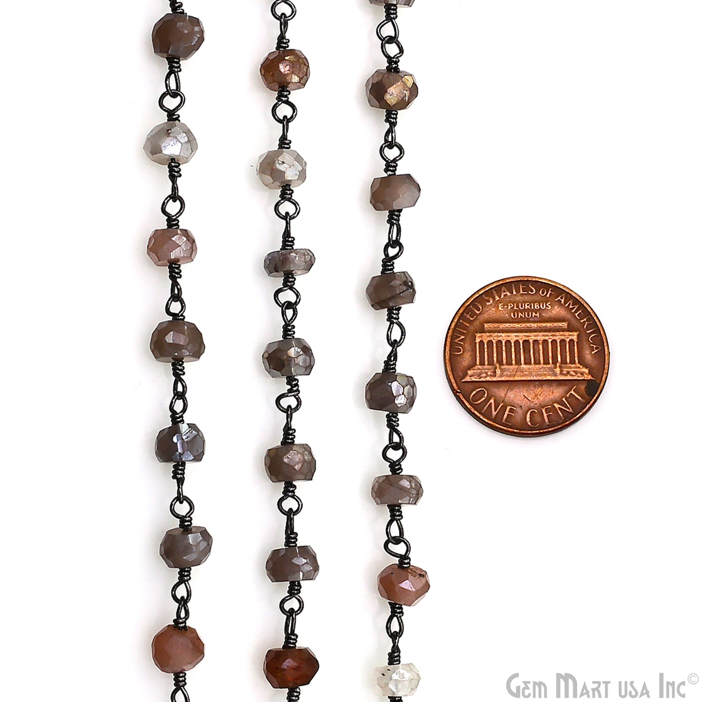 Coated Gray Moonstone Faceted 5-6mm Oxidized Wire Wrapped Beads Rosary Chain