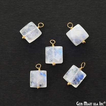 Rainbow Moonstone Square 8mm Gold Wire Wrapped Single Bail Gemstone Bead Connector