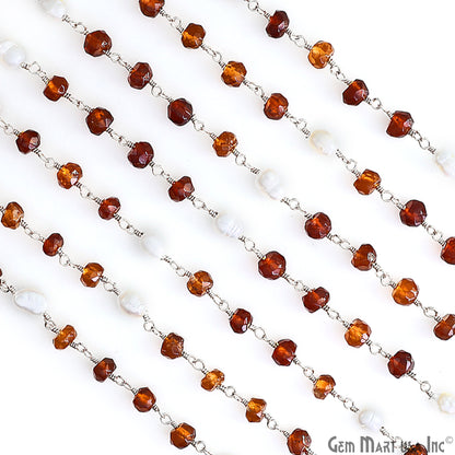 Hessonite 4-5mm & Pearl 5x4mm Beads Beads Silver Plated Rosary Chain