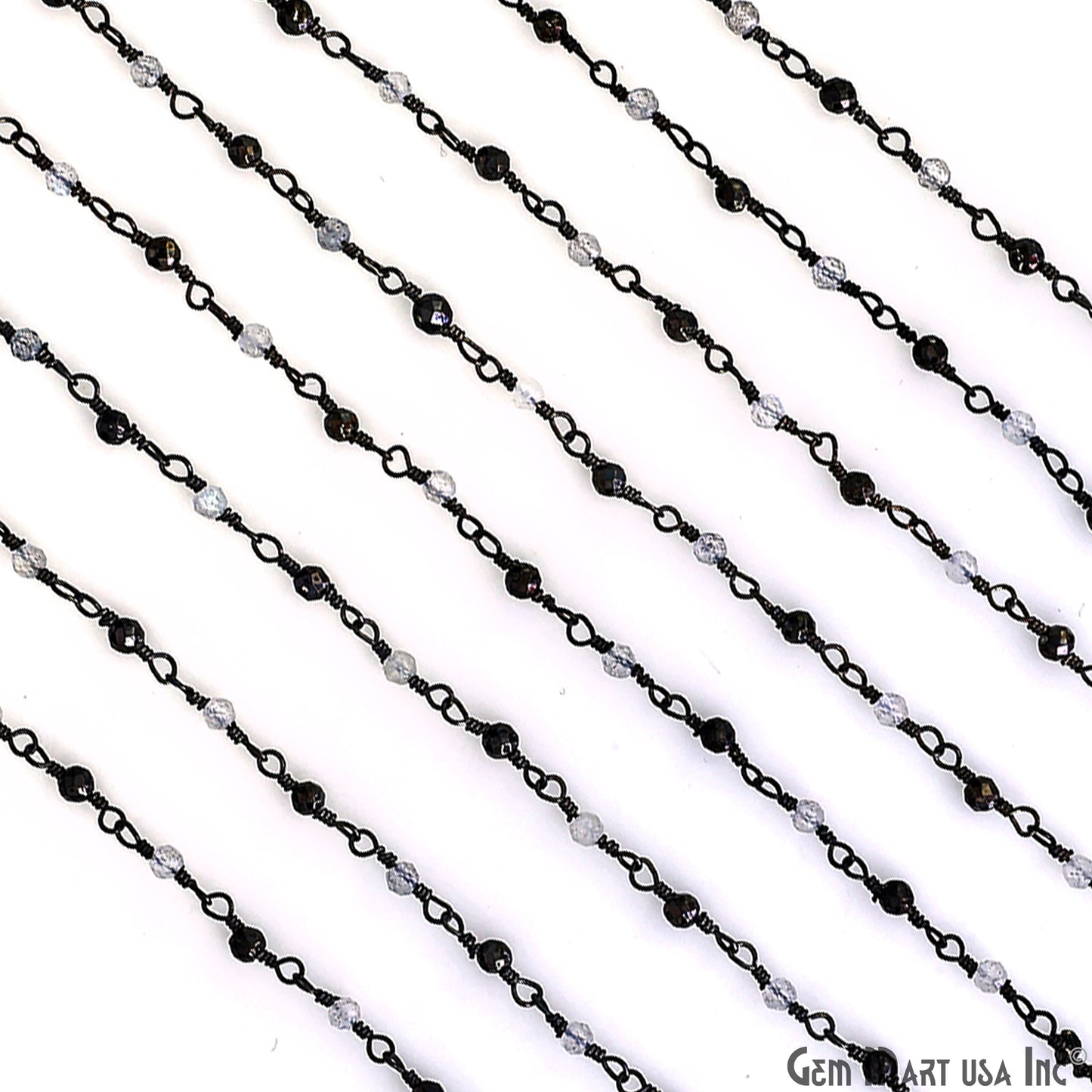 Labradorite & Black Pyrite 2-2.5mm Tiny Beads Gold Plated Wire Wrapped Rosary Chain