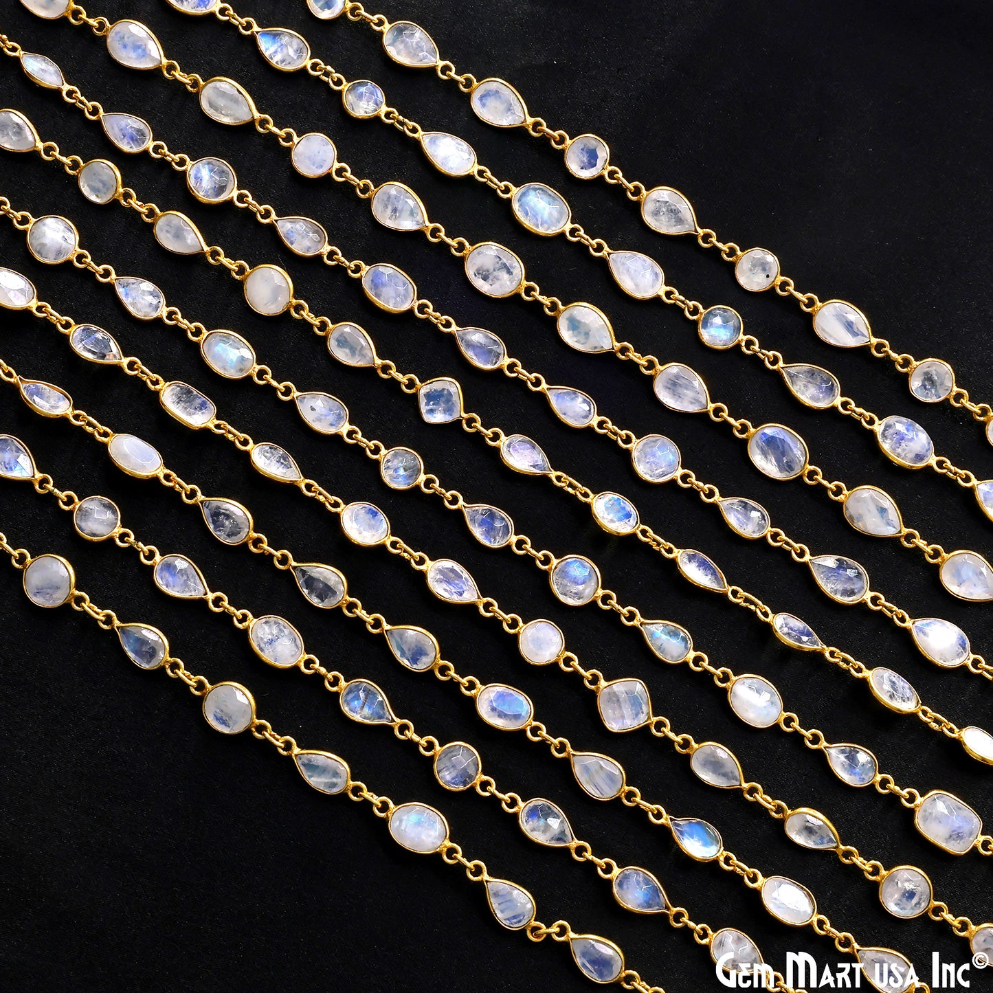 Rainbow Moonstone Below 10mm Gold Plated Bezel Continuous Connector Chain