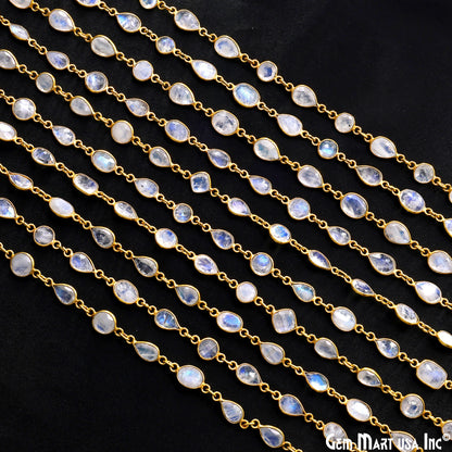 Rainbow Moonstone Below 10mm Gold Plated Bezel Continuous Connector Chain