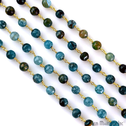 Green & Blue Dragon Agate Jade Beads 8mm Faceted Gold Plated Wire Wrapped Rosary Chain