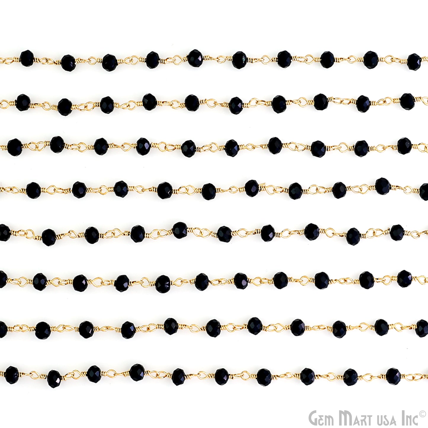 Black Chalcedony 3-3.5mm Faceted Beads Gold Wire Wrapped Rosary Chain