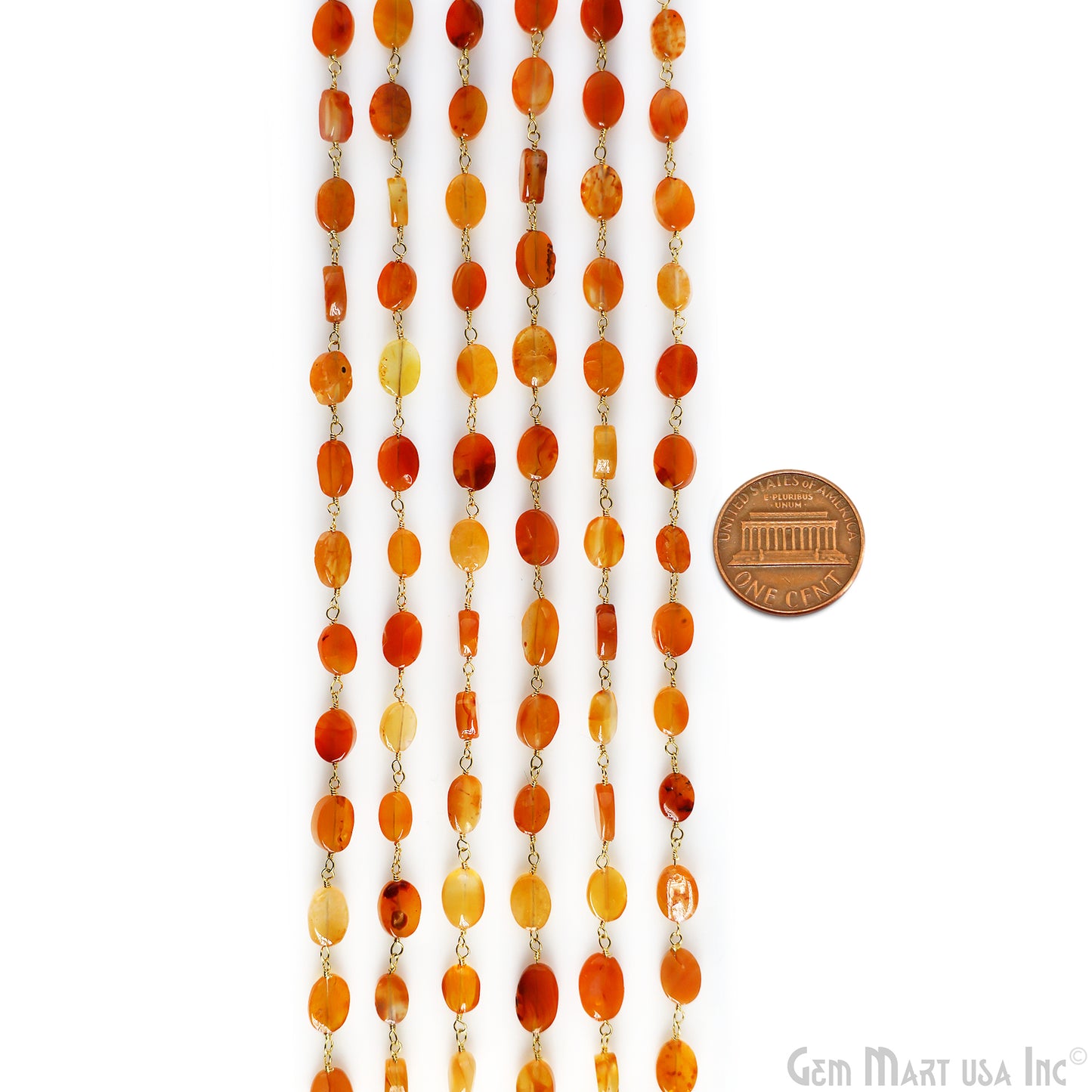 Carnelian Tumbled Beads 12x5mm Gold Plated Wire Wrapped Rosary Chain